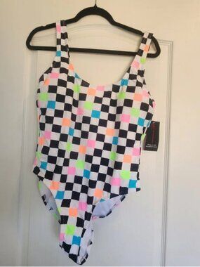 No Boundaries Black & White Checkerboard One-Piece with Neon Accents Size L BNWT